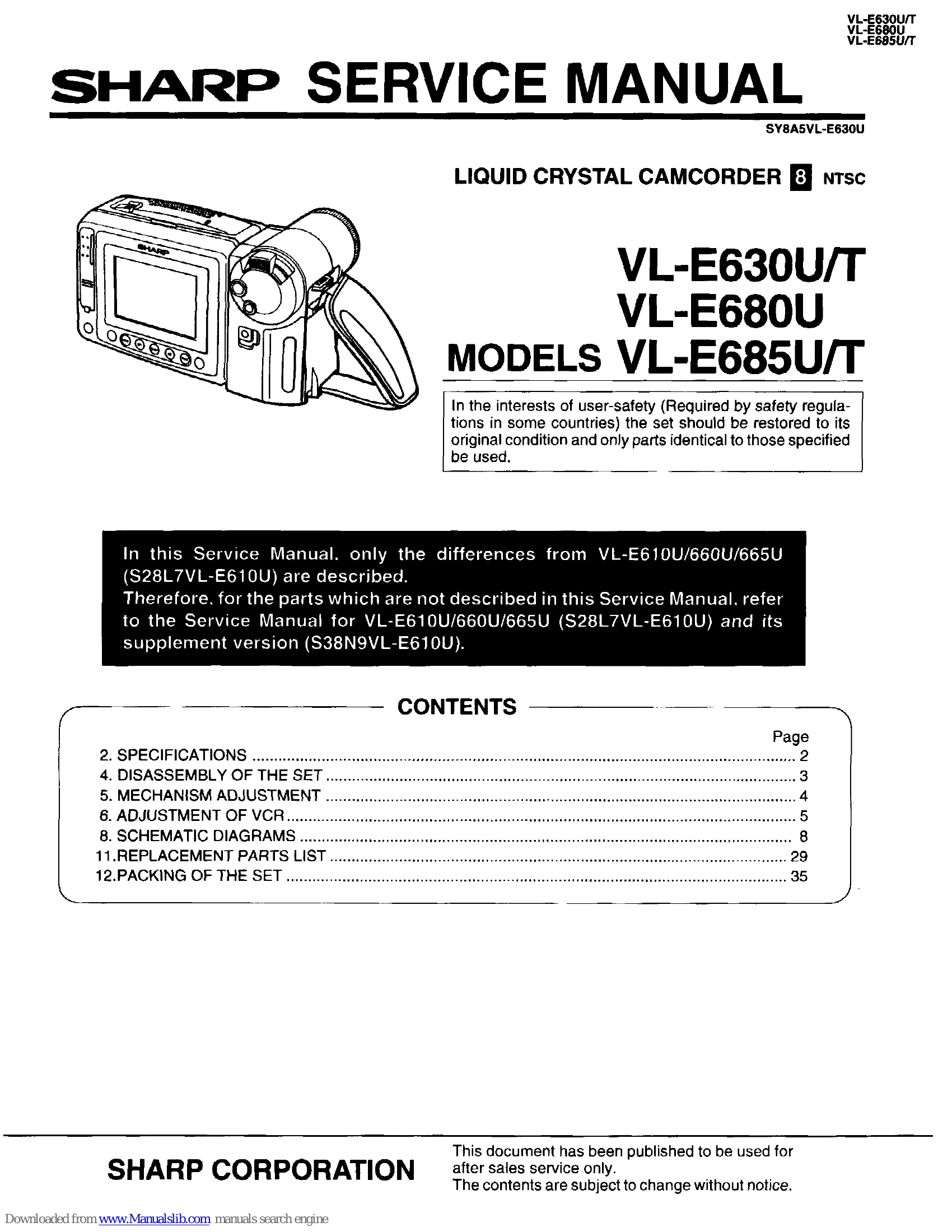 Parts/Service for VL-E630U/T