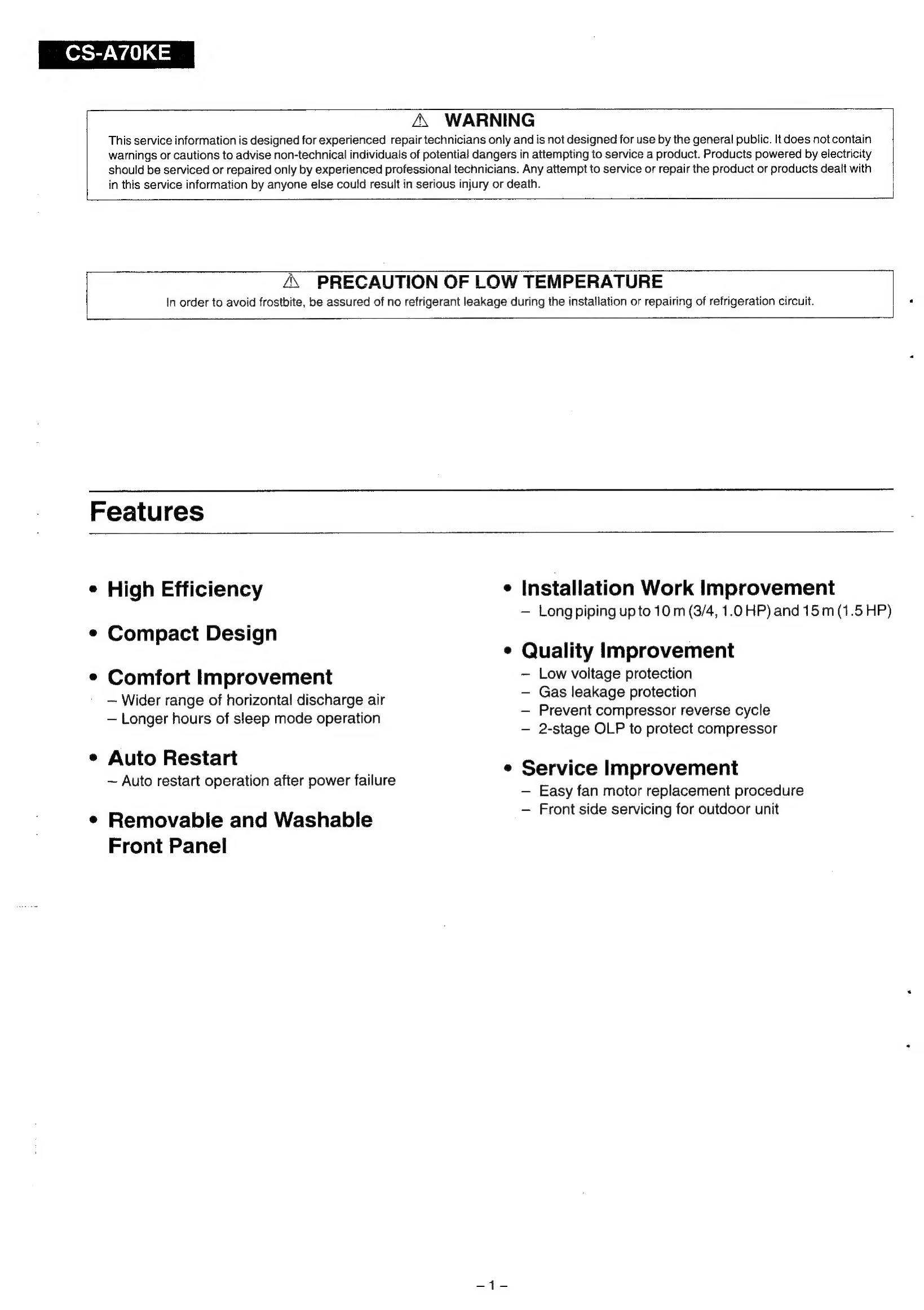 Manual for CS-A70KE / CU-A70KE