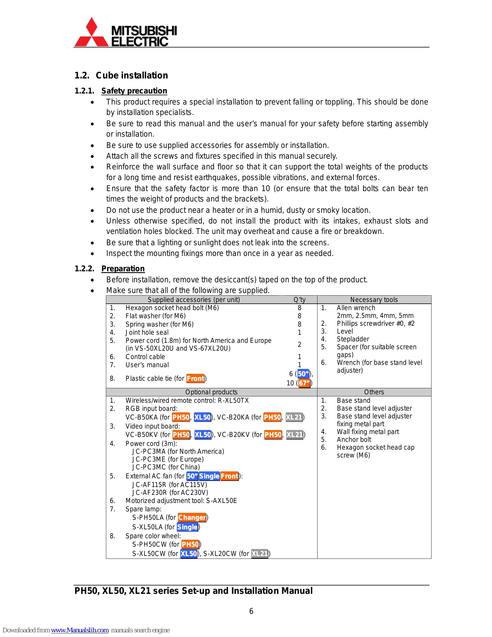 Installation Guide for PH50, XL50, XL21 series