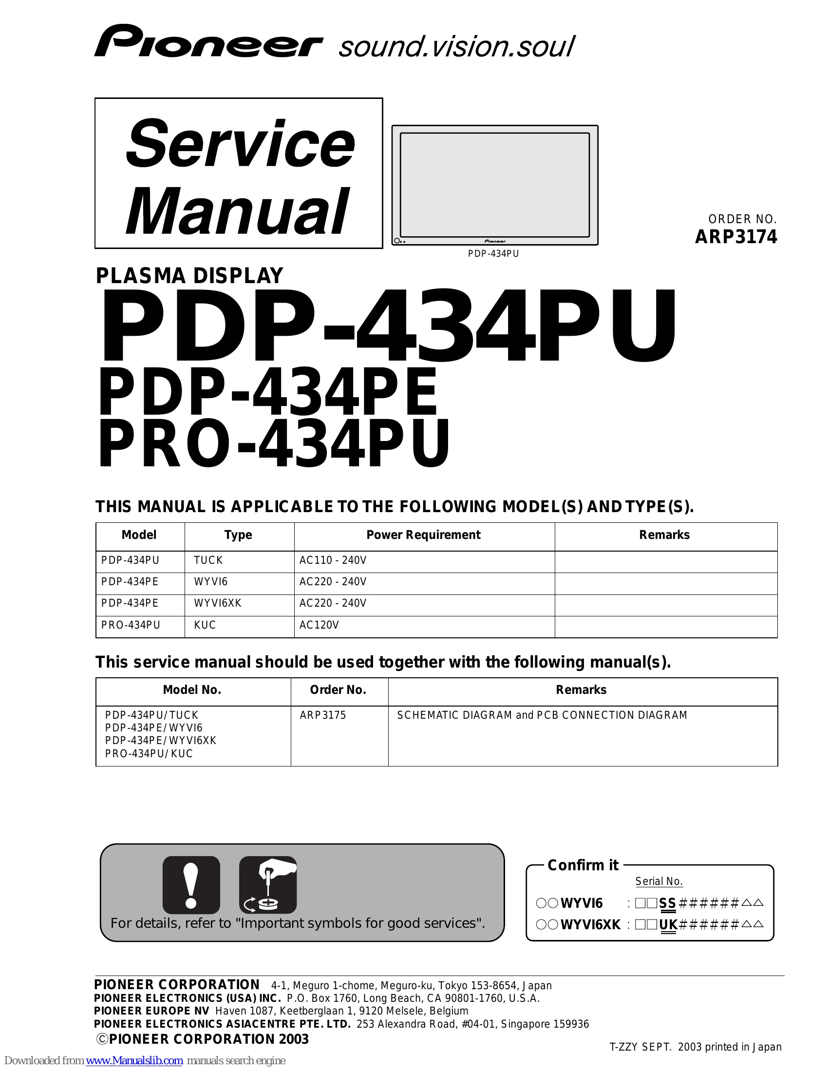 Parts/Service for PDP-434PU