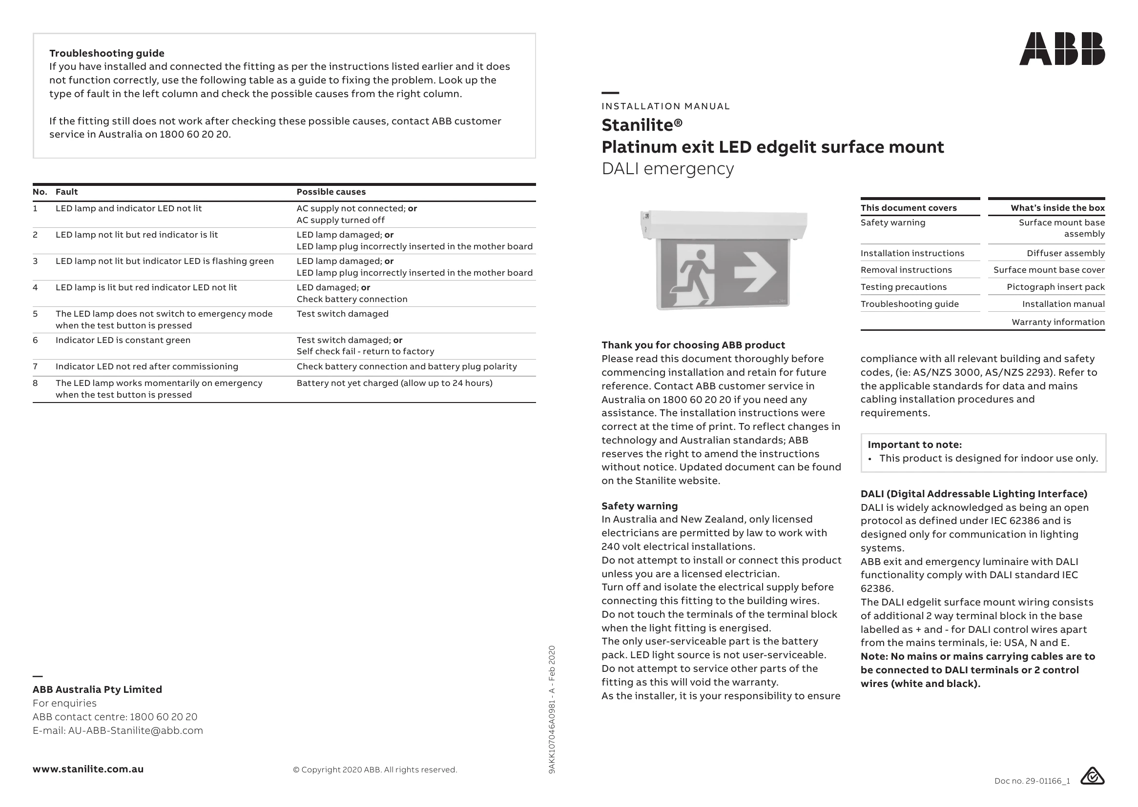 Installation Guide for Stanilite® Platinum exit LED edgelit surface mount DALI emergency