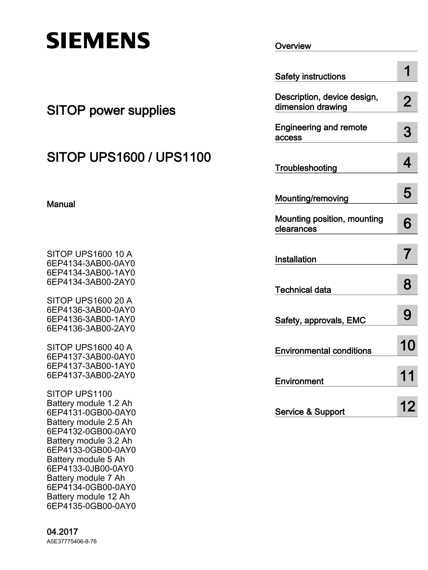 Manual for SITOP UPS1600 / UPS1100