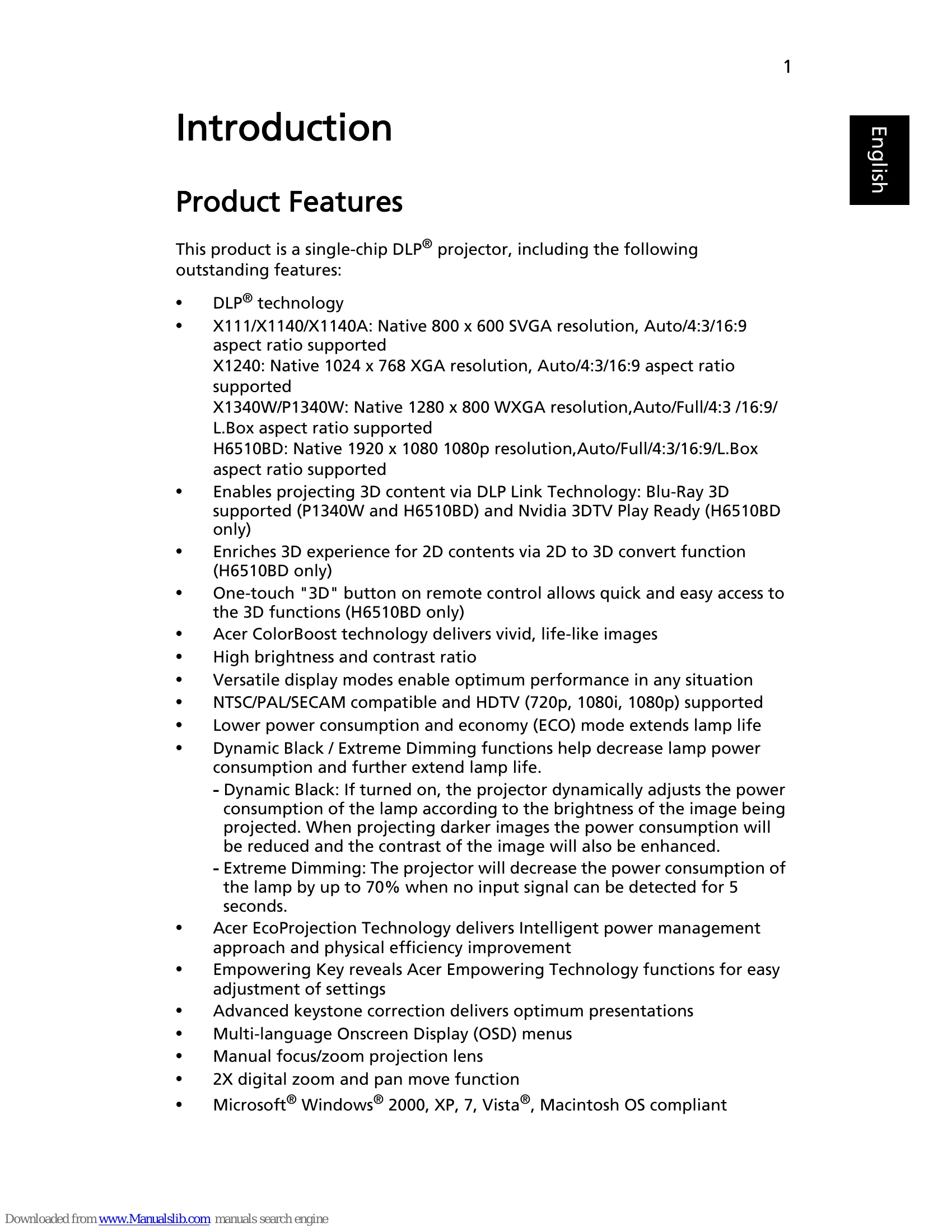 Manual for X111/X1140/X1140A/X1240/X1340W/P1340W/H6510BD
