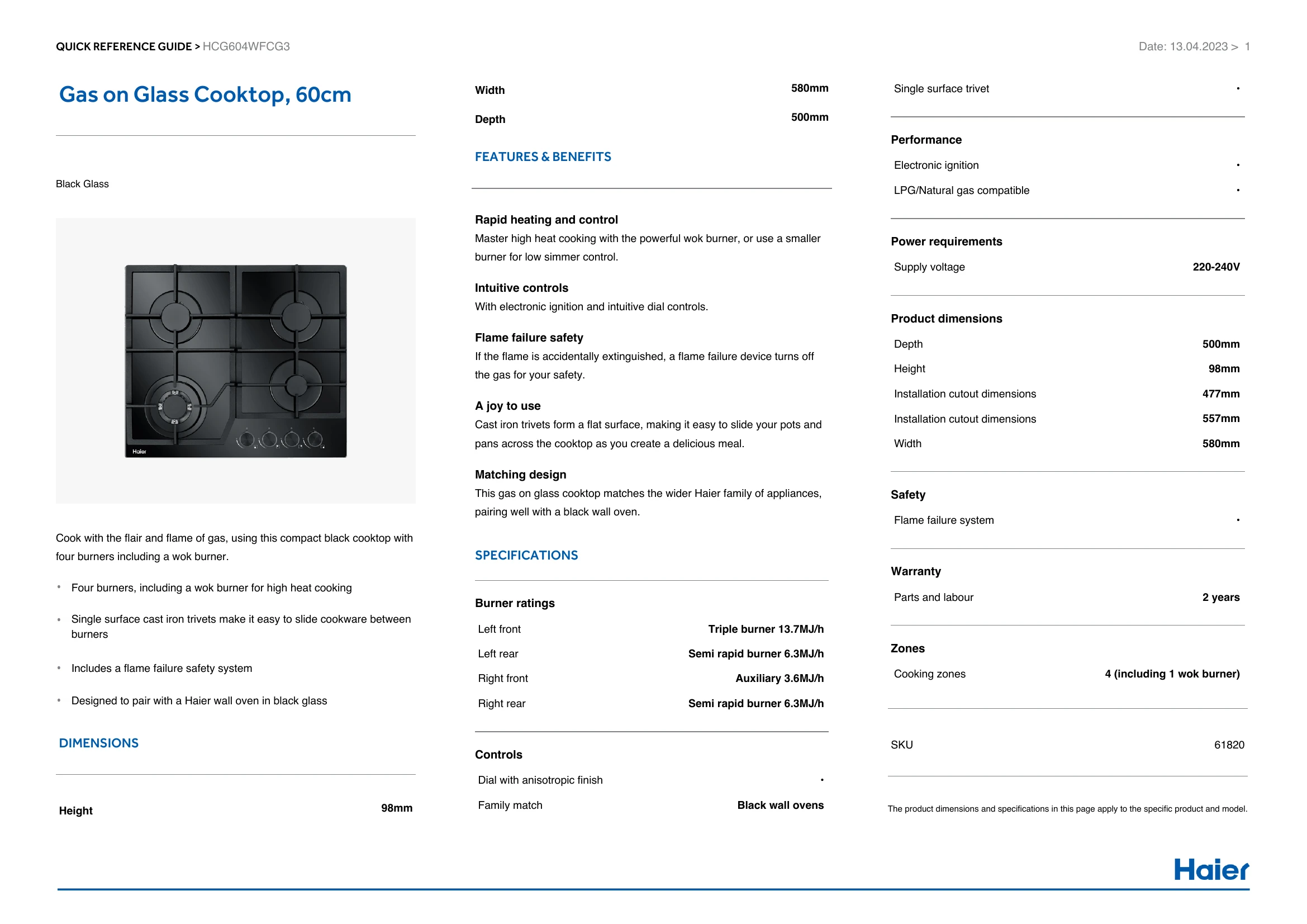 Spec Sheet for HCG604WFCG3