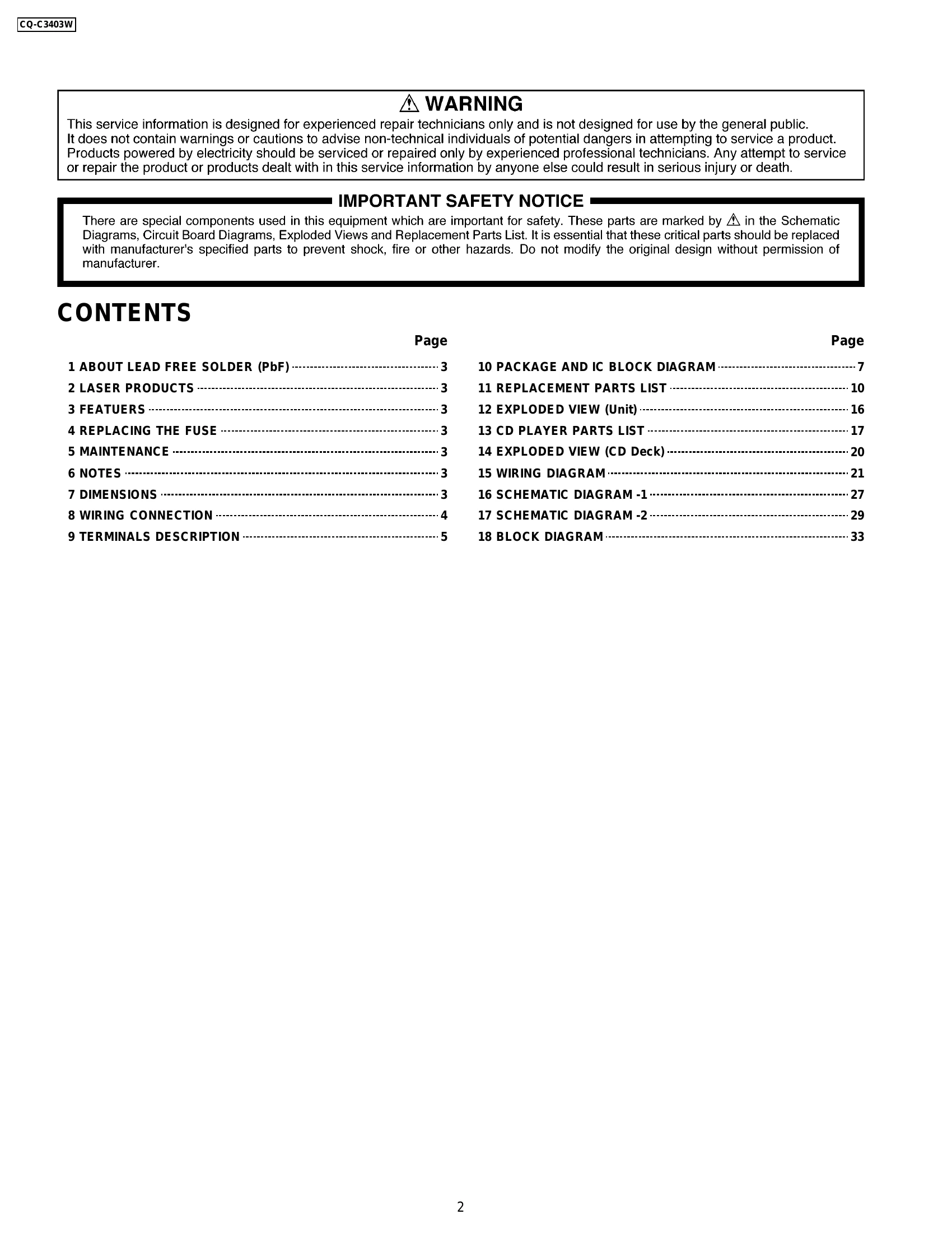 Parts/Service for CQ-C3403W