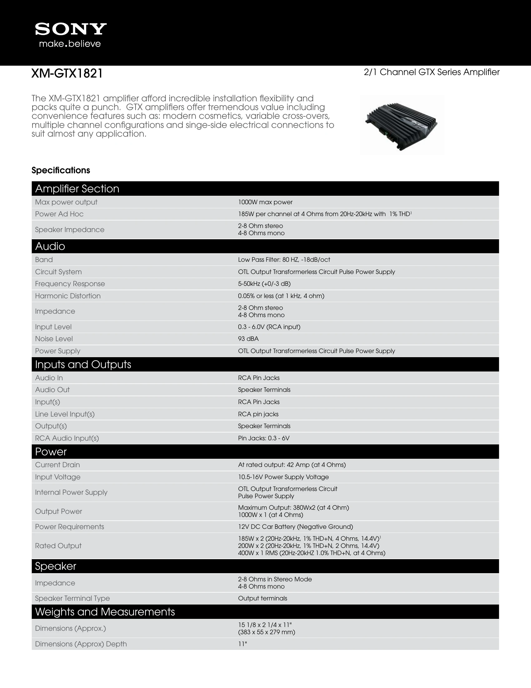Spec Sheet for XM-GTX1821