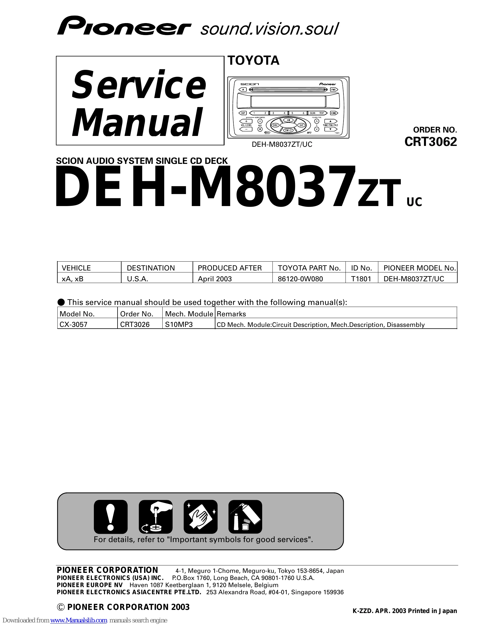 Manual for DEH-M8037ZT/UC
