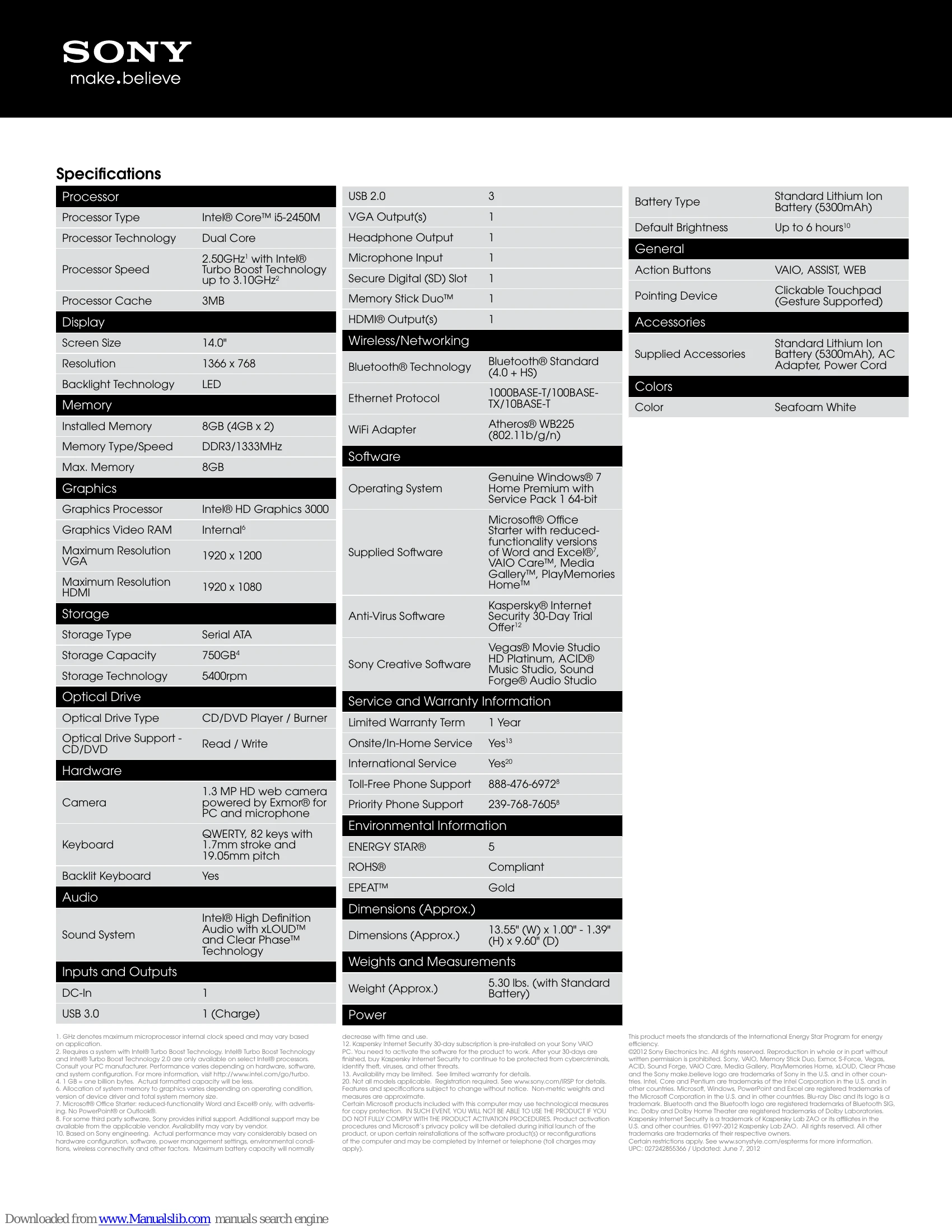 Spec Sheet for SVE14118FXW