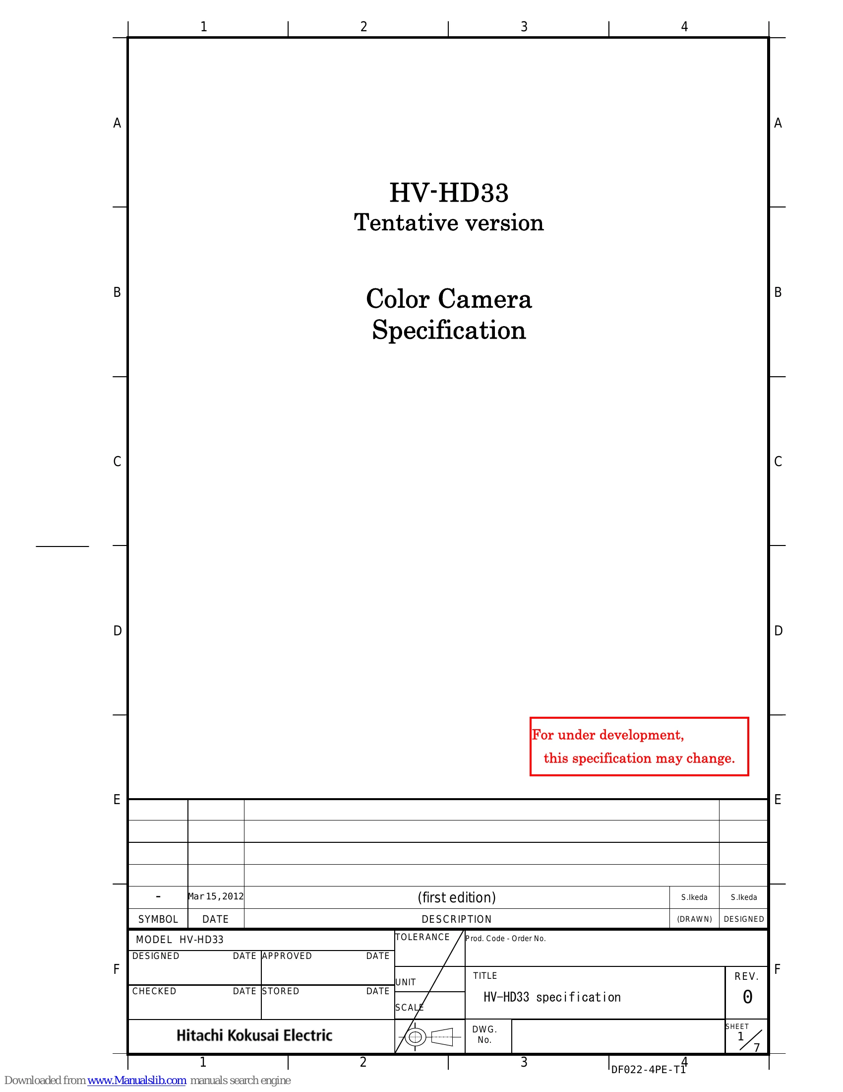 Spec Sheet for HV-HD33