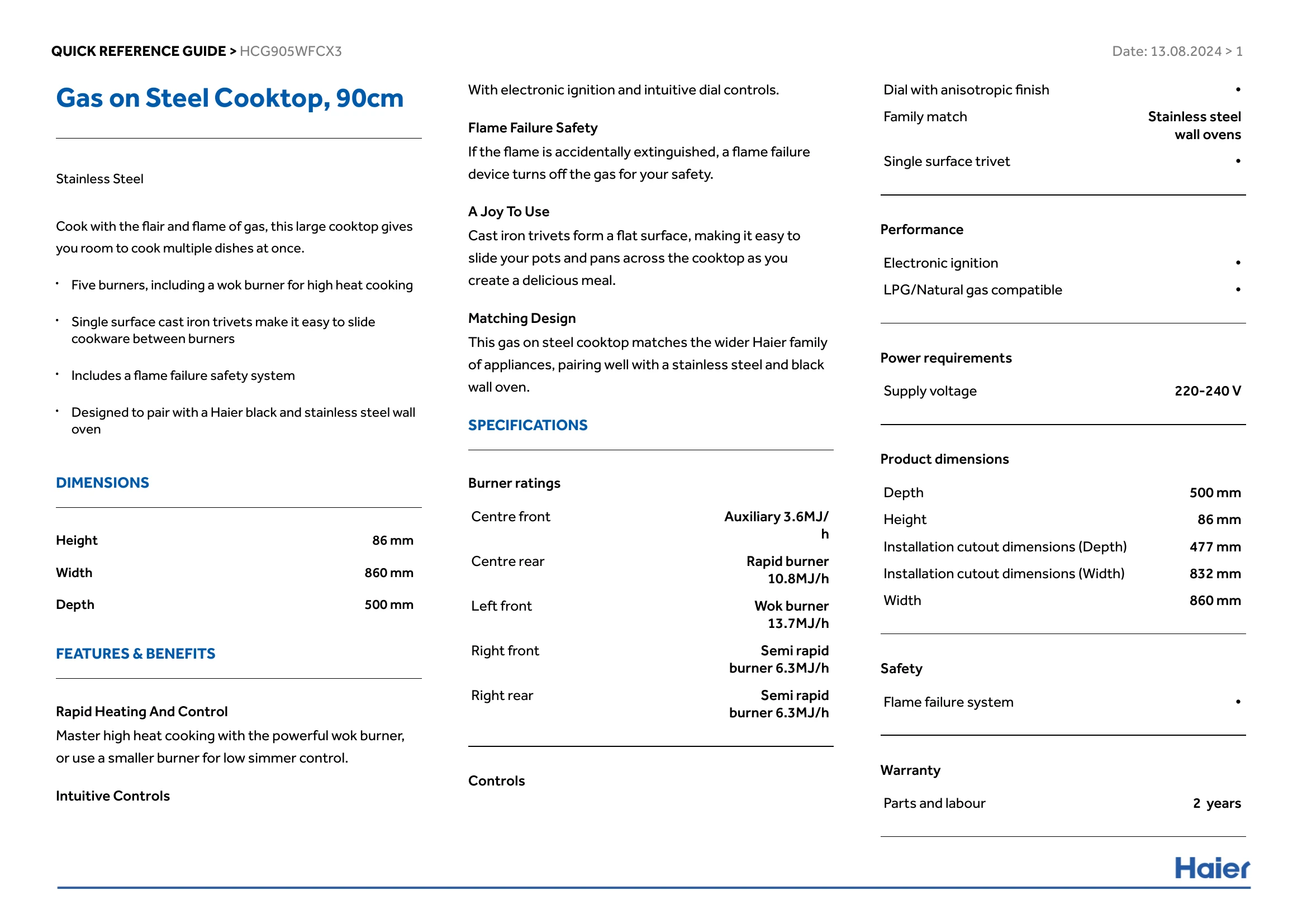 Spec Sheet for HCG905WFCX3