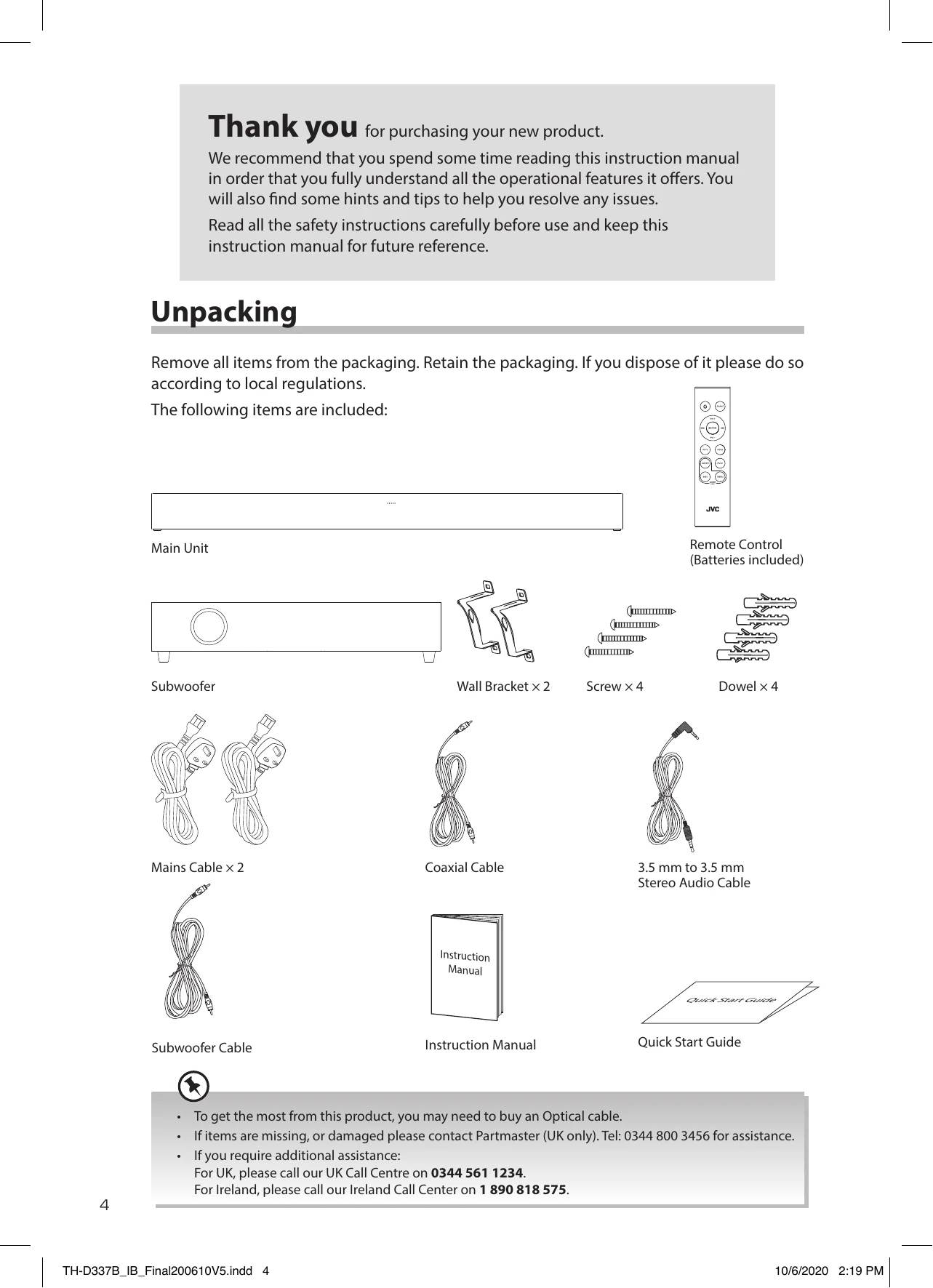 Manual for Soundbar with wired subwoofer