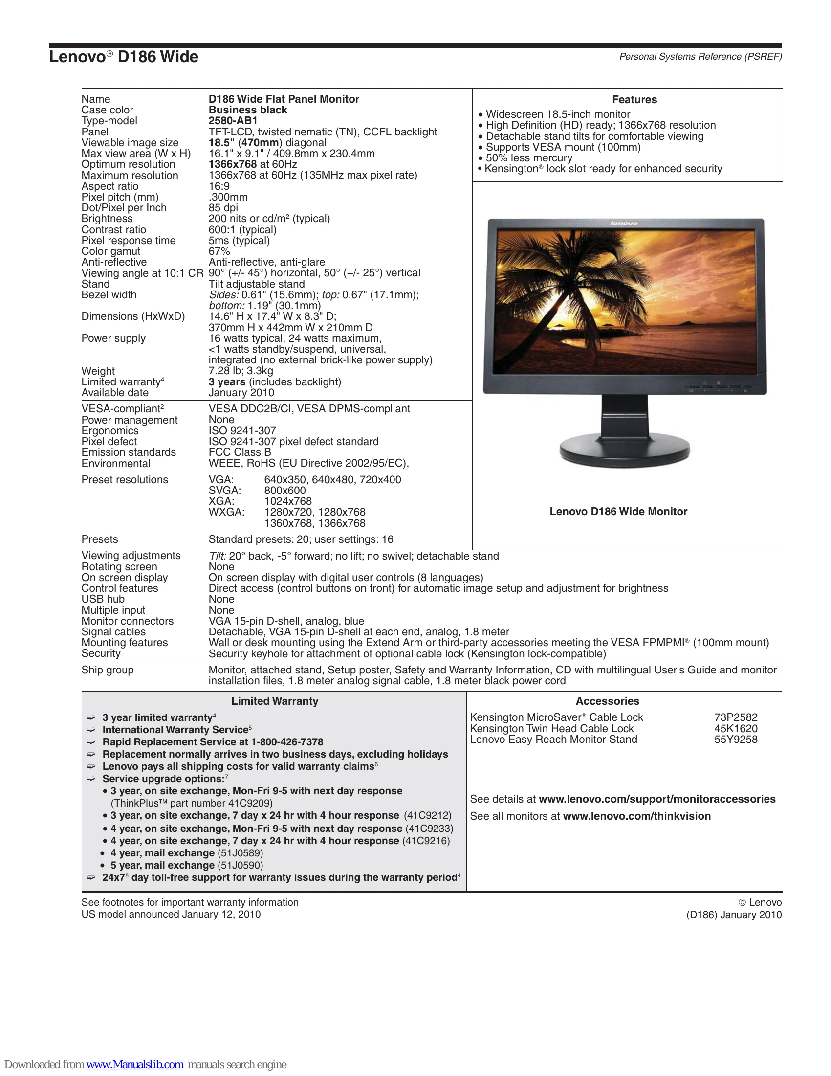 Spec Sheet for D186 Wide