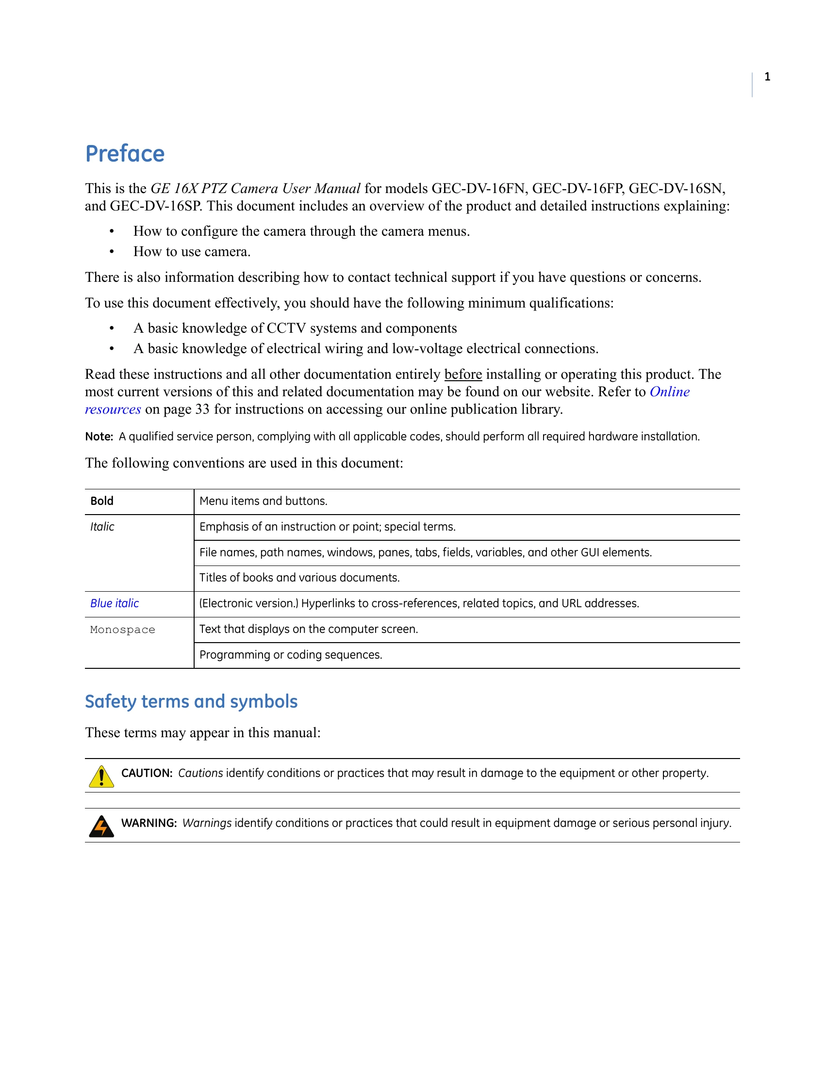 Manual for GE 16X PTZ Camera